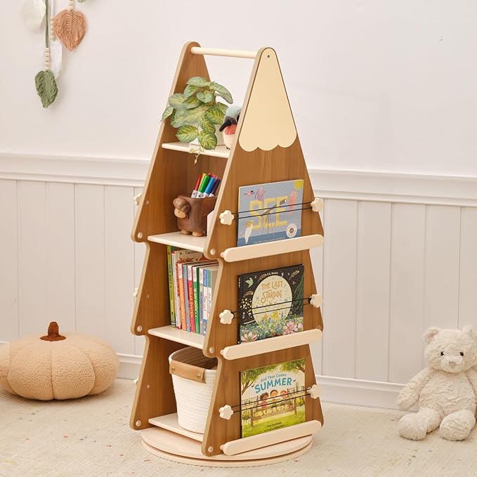 Solid Wood Kids Bookshelf, 4 Tier Rotating Bookshelf, 360° Revolving Bookcase Floor Standing Tree Book Shelf for Kids Rooms, Living Room, Nursery