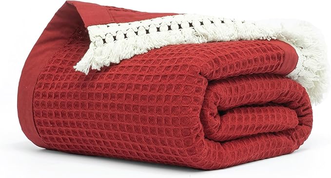 Salt Earth GOTS Certified 100% Organic Cotton Throw Blanket, 55"x60" Waffle Blankets & Throws for Bed, Throw Blanket for Couch, Cozy Christmas Blankets and Throws for Christmas Gifts (Red Dahlia)