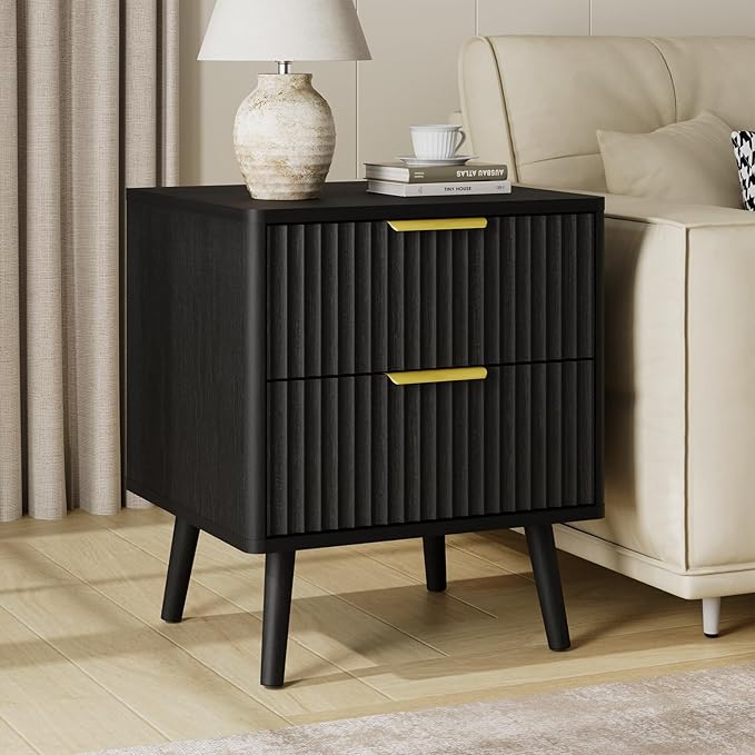 LYNSOM Fluted Dresser and Nightstand Sets 2 Piece, 2-Drawer Nightstands and 5-Drawers Dresser, Wood Bedroom Furniture Set for Home, Bedroom, Hallway, Black
