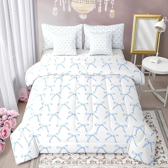 Manfei 7 Pieces Cartoon Bowknot Kids Comforter Full Size,Bow Tie Knot Geometric Patchwork Fashion Bedding Set,Hand-Painted Sketch Blue Noble（Comforter+Fitted+Flat+2 Pillowcases+2 Throw Pillow Covers