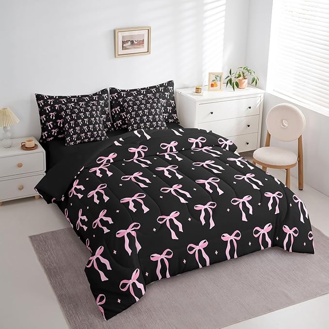 7 Pieces Pink Bowknot Kids Comforter Full,Stars Watercolor Bow Tie Patchwork Bedding Set,Butterfly Knot Princess Black Noble Chic（Comforter+Fitted+Flat Sheet+2 Pillowcases+2 Throw Pillow Covers）
