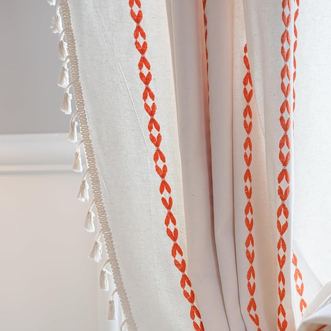 Deeprove Rust Orange Boho Curtains 84 inches Length for Living Room Bedroom Nursery, Burnt Bohemian Embroidery Farmhouse Tassel Privacy Window Treatments for Halloween Decor W52 x L84, 1 Panel