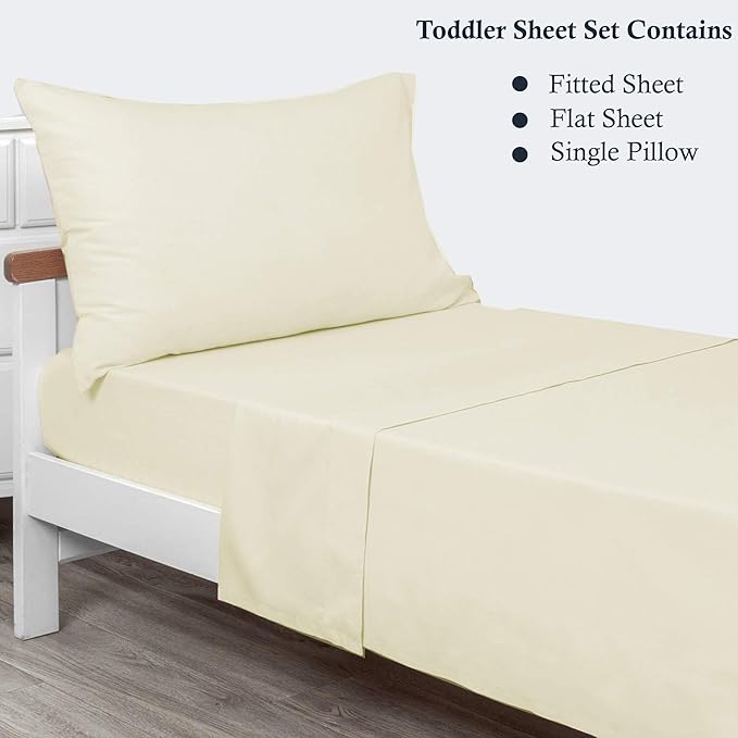 PLAIN PRINTED LINEN 3-Piece Toddler Sheet Set, 100% Cotton Fitted Sheet, Flat Sheet and Envelope Pillowcase, Toddler Bed Set, Mini Crib Sheets (Ivory Solid)