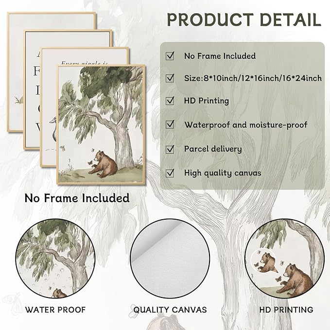 Nursery Gallery Wall Art Animal Canvas Prints Vintage Rustic Poster Set for Kids’ Room Decor Alphabet Inspirational Quotes Wall Art Neutral Baby Room Painting Unframed 8x10 Inches
