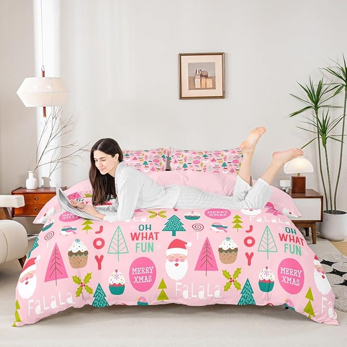 Feelyou Christmas Kids Bedding Set Cartoon Santa Claus Duvet Cover for Boys Children Teens Bedroom Decor Christmas Tree Comforter Cover Set Xmas Theme Bedspread Cover Queen Size with 2 Pillow Case