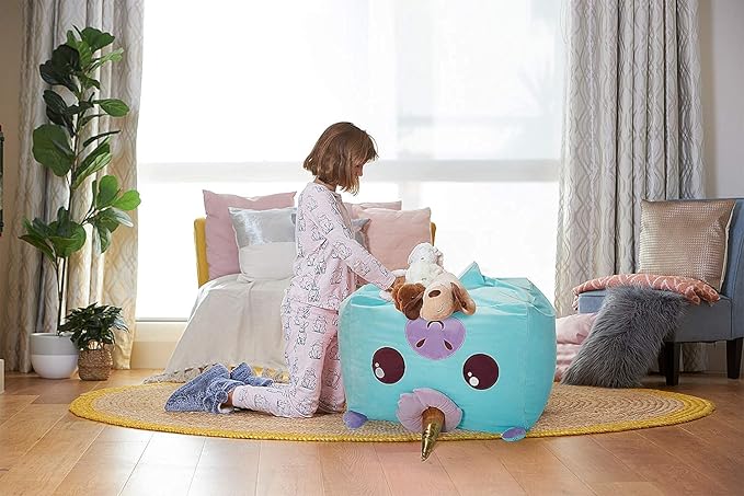 Aubliss Unicorn Stuffed Animal Storage Bean Bag Chair for Kids, Velvet Extra Soft Beanbag Chairs Cover, X-Large Stuffable Zipper Bean Bag for Organizing Plush Toys Girls Bedroom Decor, Cyan