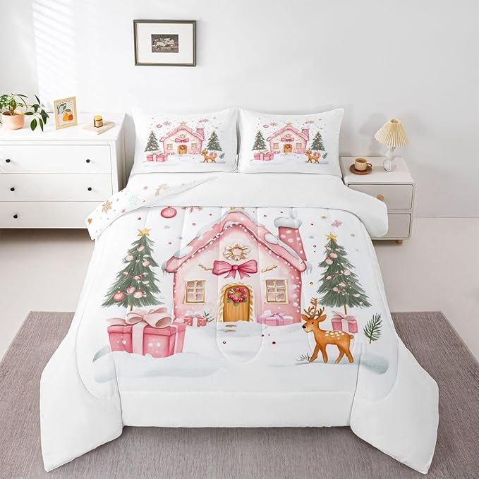 Feelyou Gingerbread House Bedding Set Soft for Boys Girls, Christmas Tree Comforter Set Full Size Reindeer Duvet Quilt Microfiber Snowflake Bedroom Decor Holiday Scene 3 Pcs with 2 Pillow Cases