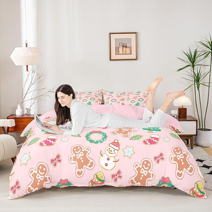 Christmas Comforter Cover Cartoon Snowman Christmas Tree Bedding Set Gingerbread Man Xmas Theme Duvet Cover for Kids Boys Girls Microfiber Pink Bedspread Cover Room Decor Bedclothes Queen Size