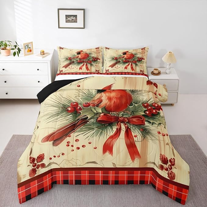 jejeloiu Kids Red Cardinal Comforter Set Full Size Christmas Red Black Plaid Bow Bedding Set for Boys Girls Teens Xmas Birds Animal Winter Wood Plank Duvet Quilt Room Decor