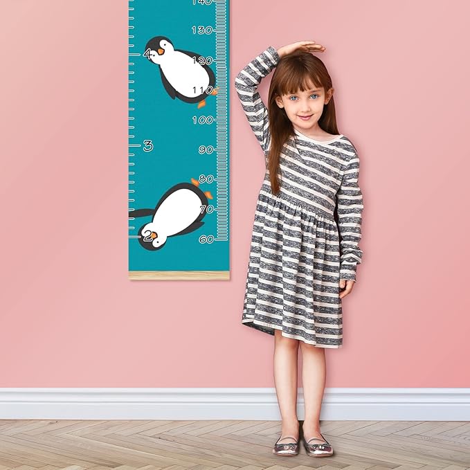 Personalized Kids Name Growth Chart Ruler for Wall Wood Frame Height Measure Chart 13.4x56 in Linen Hanging Height Growth Chart Penguin Blue Kids Room Decor