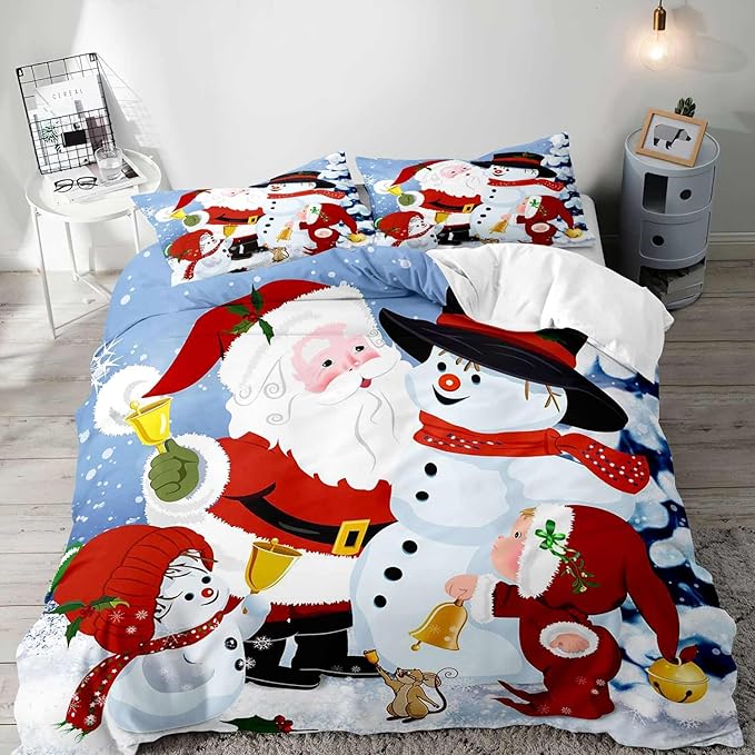 LUVIVIHOME 2PCS Christmas Duvet Cover Twin Bedding Sets, Boys Girls Kids Bedding, Cartoon Cute Snowman Santa Claus Winter Holiday New Year Xmas Christmas Comforter Bedspread Quilt Cover, 1 Pillow Case