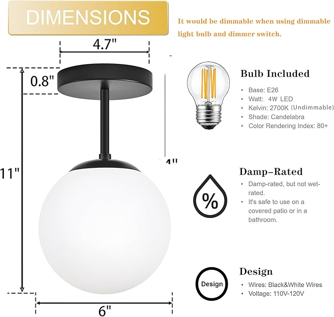 Mid Century Modern Globe Semi Flush Mount Ceiling Light Fixture Frosted Glass with Black Finish1-Light Globe Glass Ceiling Lights for Aisle Porch Stairway Closet Kitchen Laundry Room (Bulb Incl.)
