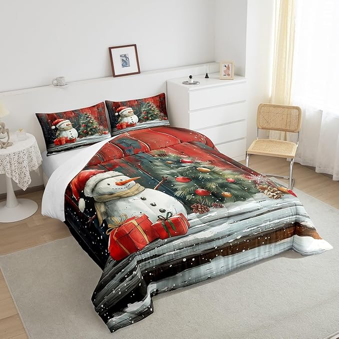 Merry Christmas Comforter Set Twin Size,Snowman Christmas Tree Bedding Set for Kids Boys Girls Room Decor,Snowflake Winter Theme Quilt Set 2Pcs,Retro Rustic Barn Stripes Duvet Insert,1 Pillowcase