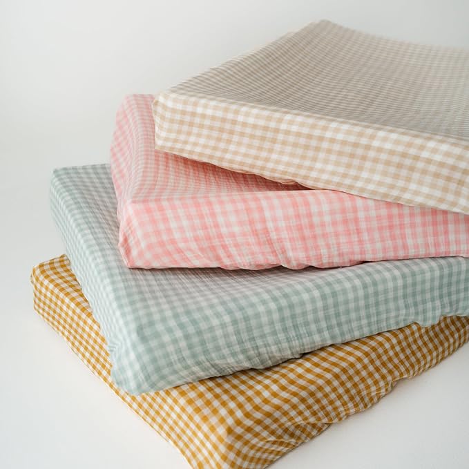 TISU Gingham Diaper Changing Pad Cover, 16 x 32 inches, Soft Muslin Cotton, Elastic Band, Check Pattern (Mustard Yellow Gingham)