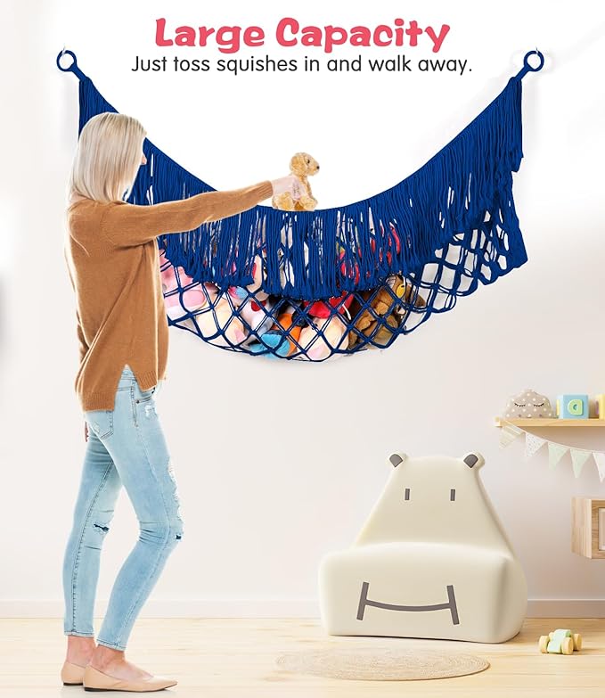 Stuffed Animal Hammock - Extra Large 63'' Long, Stuffed Animal Storage, stuffed animal Holder net, Toy Hammock Large, Toy Storage Hanging Organizer - Sapphire blue