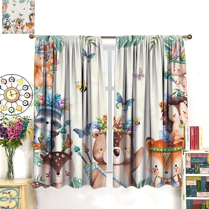Jungle Safari Curtains, Cute Cartoon Forest Animals Pattern Window Treatments, Rod Pocket Thermal Insulated Drapes 2 Panel Sets for Children Boys Bedroom Nursery Classroom, 42" W X 45" L【Decor】