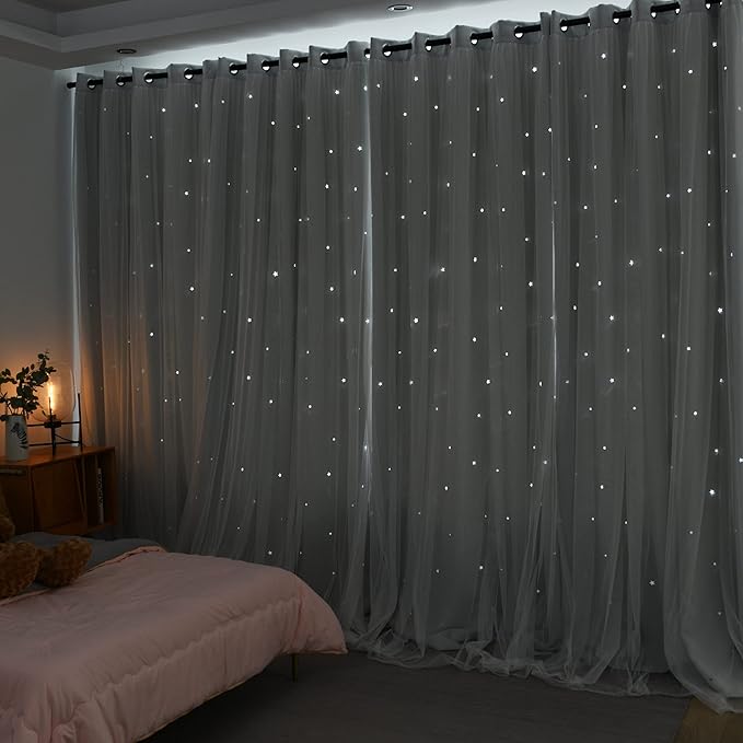 Kinryb Kids Star Cutout Curtains for Bedroom/Living Room/Classroom,2 Free Tiebacks Sheer Overlay 2 Panel Set, Double Layer Curtains for Kids Room(Each Piece W70 x L95 Inches 2 Pcs Greyish White)