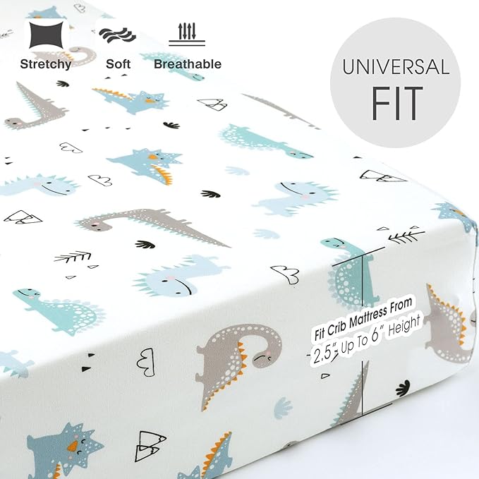 GRSSDER Stretchy Ultra Soft Jersey Knit Fitted Crib Sheets Set 2 Pack, Cozy Fits All Standard Crib Mattress Pads, Happy Dinosaurs Print for Boys and Girls