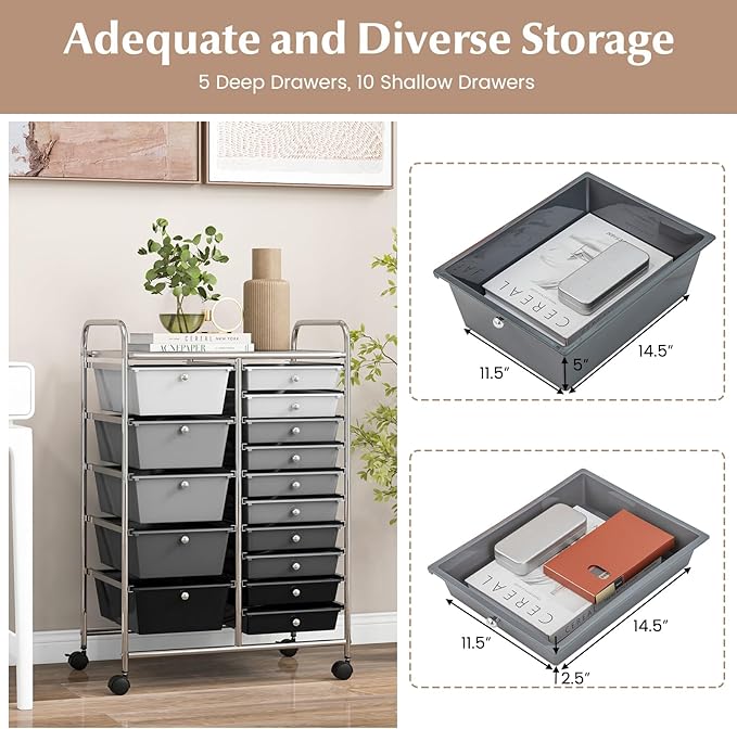 RELAX4LIFE 15-Drawer Storage Drawer Carts - Mobile Rolling Utility Cart w/Wheels, Craft Organizer for Classroom Organization and Storage, School, Office, Home, Storage Organizer Cart (Gradient Black)