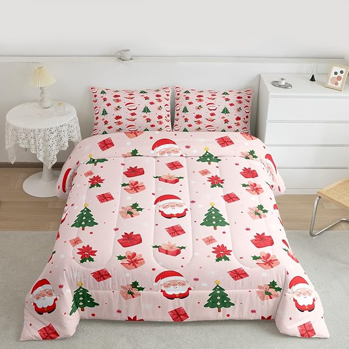 Feelyou Christmas Decor Bedding Set Soft for Boys Girls, Santa Claus Comforter Set Twin Size Xmas Duvet Quilt Microfiber Christmas Decor Bedroom Decor 2 Pcs with 1 Pillow Cases