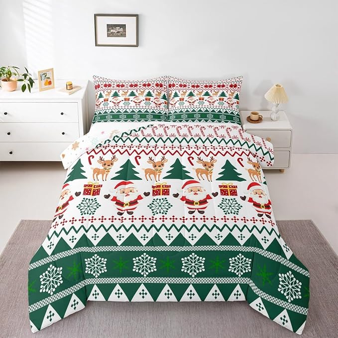 Feelyou Merry Christmas Kids Comforter Set Twin Size Santa Claus Bedding Set Cute Deer Duvet Quilt for Kids Boys Girls Bedroom Snowflake Decor Microfiber Ultra Soft Breathable