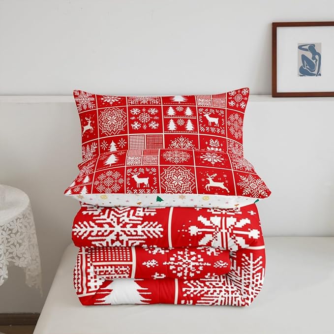 Kids Merry Christmas Comforter Set Full Size,Deer Snowflake Pines Silhouette Bedding,Girls Boys Adults Bedroom/Xmas Cabin Decor,Geometric Lattice Down Comforter,Red Bright Duvet Insert,2 Pillowcases