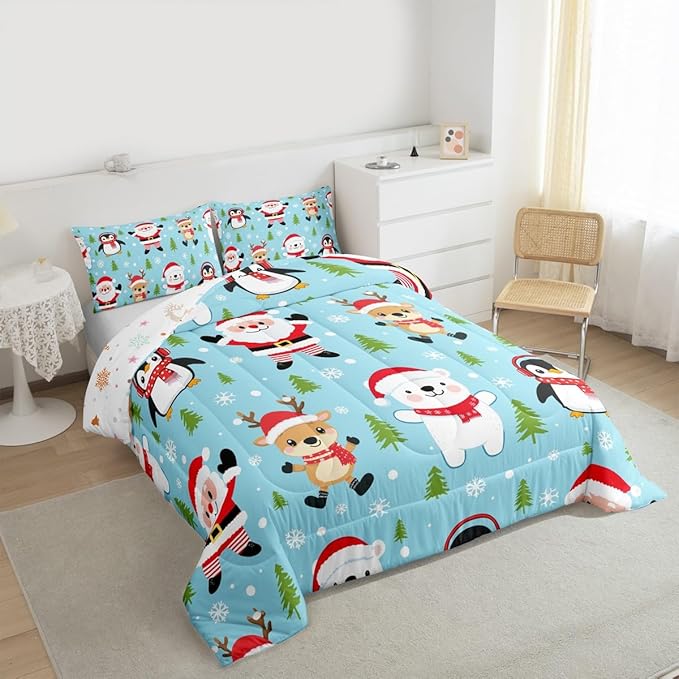 Feelyou Christmas Comforter Set King Size Santa Claus Bedding Set for Kids Boys Girls Penguin Deer Duvet Quilt Xmas Snowflake Tree Bedroom Decor Microfiber 3 Pcs with 2 Pillow Cases