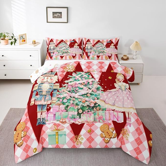 jejeloiu Christmas Nutcracker Comforter Set Full Size Gingerbread Man Bedding Set for Kids Boys Girls Xmas Tree Duvet Quilt Red Bedroom Decor