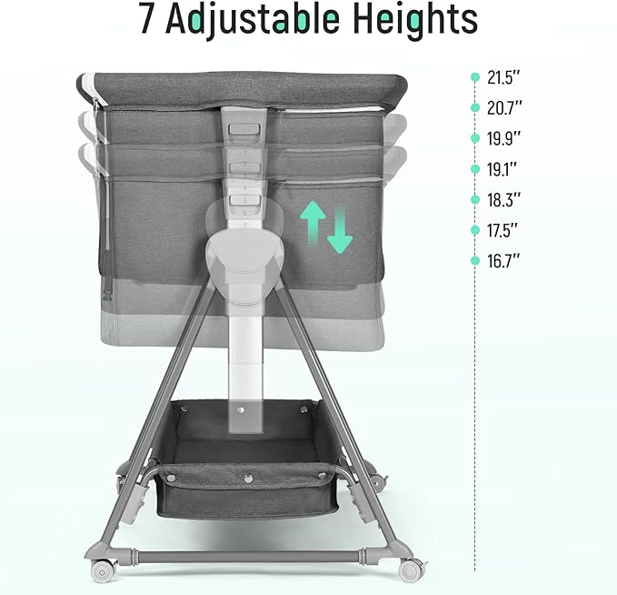 Cowiewie Bassinet Bedside Sleeper, Baby Bassinet with 7 Adjustable Height, Bedside Bassinet for Baby with Storage, Breathable Mesh & Mattress, Portable Bassinet Easy Folding (Pyramid Dark Gray)
