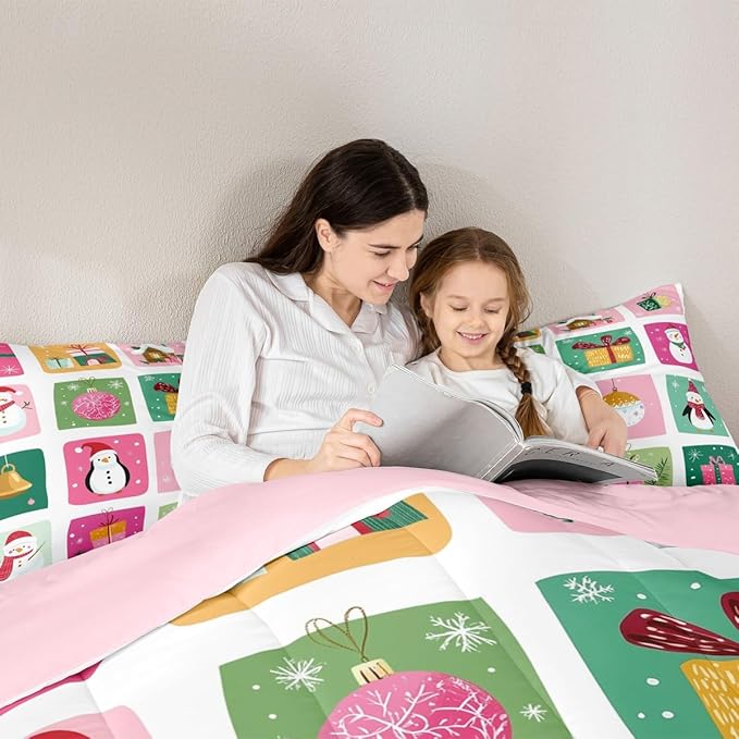 Feelyou Happy New Year Bedding Set Soft for Boys Girls, Christmas Decor Comforter Set Toddler Size Merry Christmas Duvet Quilt Microfiber Winter Penguin Bedroom Decor 2 Pcs with 1 Pillow Cases