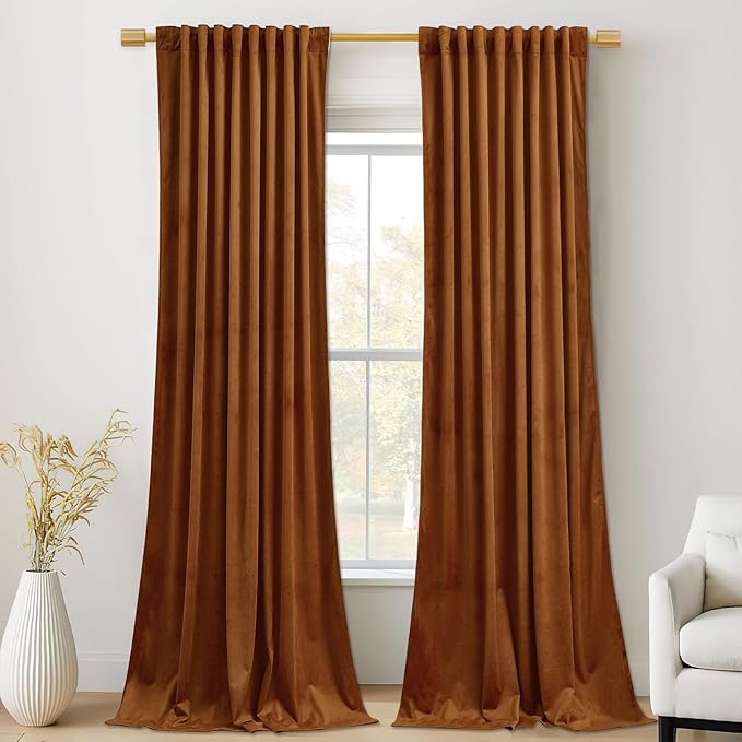 StangH Velvet Curtains 96 inches Long - Burnt Orange Holiday Home Decor Back Tab Blackout Privacy Assured Window Covering for Living Room Sliding Door, W52 x L96, 2 Panels