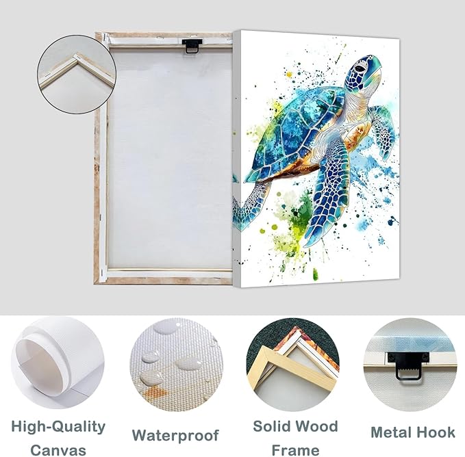AWPANERAR Sea Turtle Wall Art Bathroom Pictures Watercolor Sea Life Canvas Prints Ocean Animal Poster Nautical Theme Artwork for Kids Room Nursery Decor Framed (White, (18L x 12W))