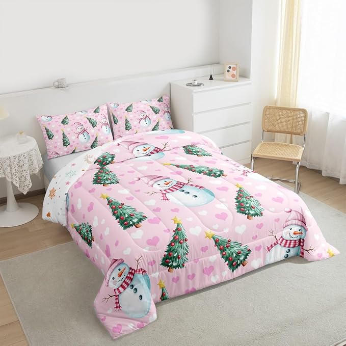 Feelyou Merry Christmas Comforter Set All Season Cute Snowman Bedding Set with 1 Pillow Cases Christmas Tree Microfiber Kids Toddler Bedclothes Love Hearts Duvet Quilt Breathable Soft Lightweight