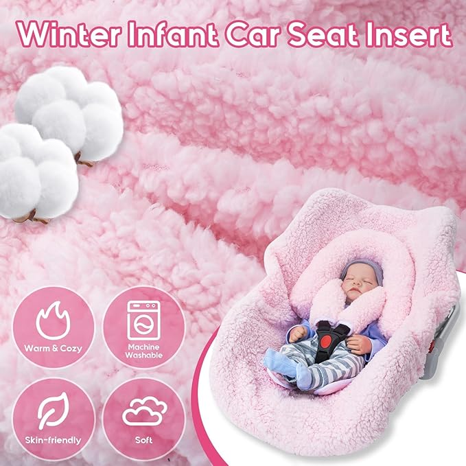 Winter Infant Car Seat Insert, Newborn Car Seat Head Support with 2 Car Seat Strap Pads, Plush Fleece Car Seat Cushion for Baby, Warm Stroller Padding for Swing, Bouncer, Rocker, Carseat