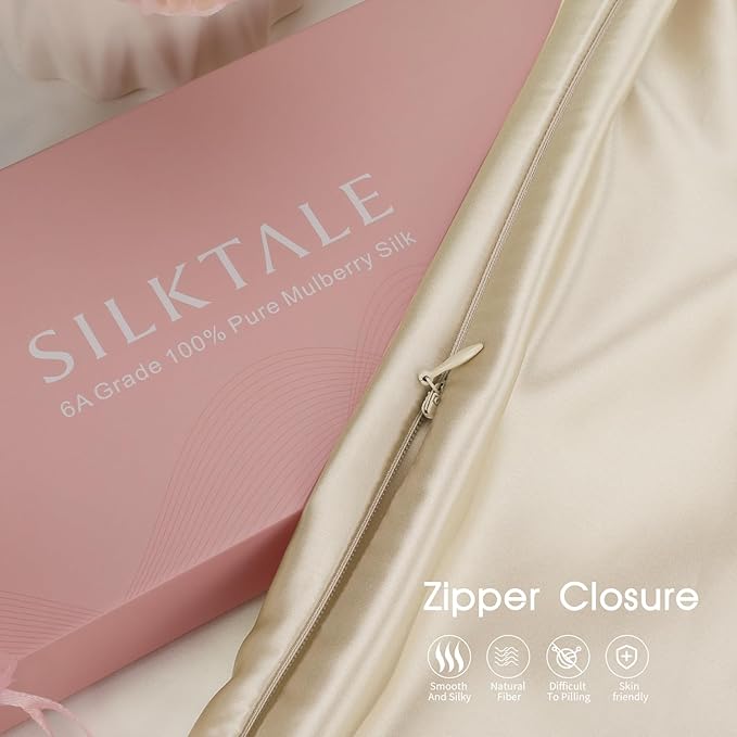100% Mulberry Silk Zippered Bed Pillowcase for Hair and Skin,Zip Up Real Silk Large Pillow Case,19 Momme Grade 6A,1pc,Champagne,Super King Size 20x36 Inches