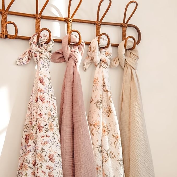 lulumoon Muslin Swaddle Blankets for Baby: Soft Cotton Newborn Receiving Blankets - Floral Print Nursery Gift Set for Baby Girls(Pink Flower)