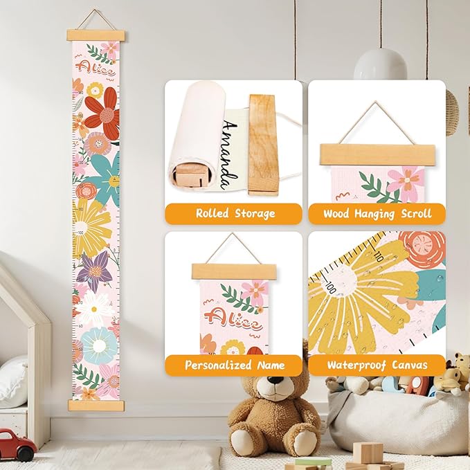 Personalized Name Growth Chart Wall Decor for Kids – Canvas Removable Height Chart Measuring Ruler 59" x 7.9" (Big Flower)