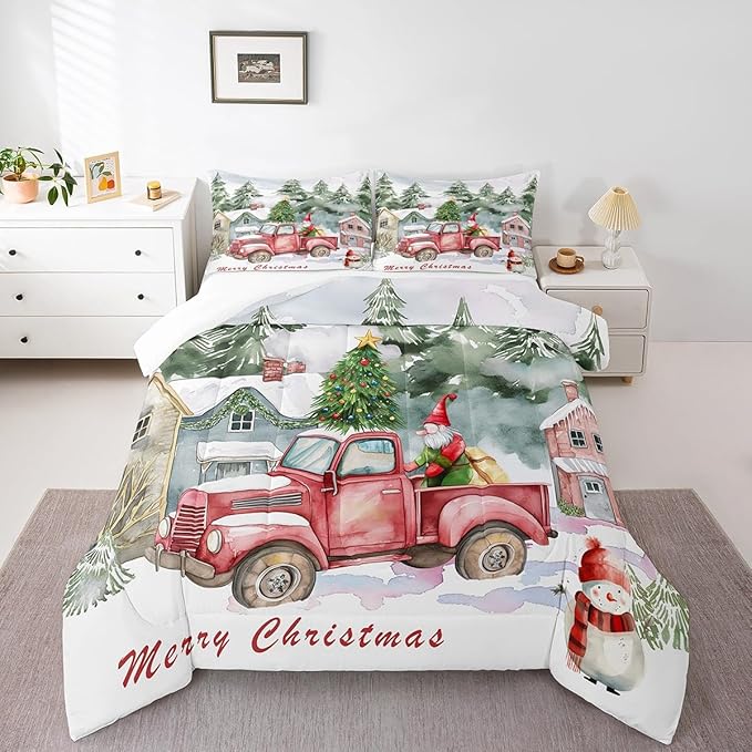 Red Old Truck Comforter Set Twin Size,Christmas Tree Gnome Bedding Set for Kids Boys Girls Room Decor,Snowman Winter Rustic Style Quilt Set 2Pcs,Merry Christmas Retro Duvet Insert,1 Pillowcase