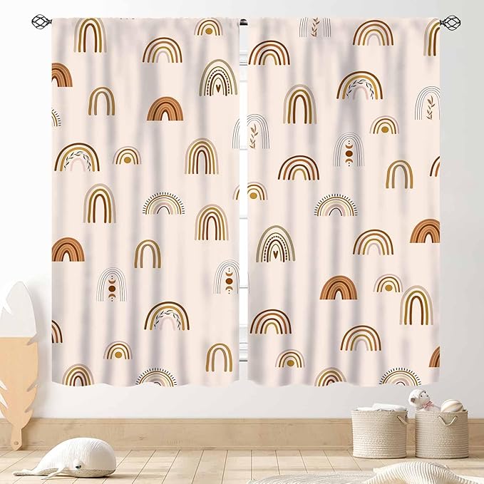 Rainbow Curtains, Boho Pastel Cute Cartoon Aesthetic Art Printed Beige Blackout Decorative Drapery for Kids Girls Baby Bedroom Living Room Classroom Nusery Bathroom Windows 2 Panels, 55"x63" Inch