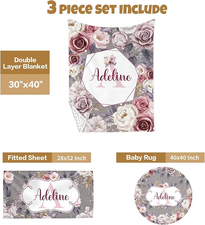 Custom Baby Crib Bedding Set, 3 Pcs Personalized Nursery Bedding Set with Name, Soft Baby Bedding Crib Sets with Blanket - Toddler Crib Sets for Girls Boys, Infant Newborn Gifts, Rose