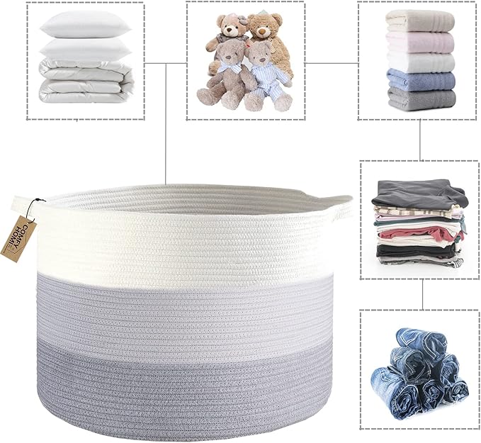 COMFY-HOMI XXXL Large Laundry Basket, Cotton Rope Nursery Woven Basket for Storage, Blanket Baskets Living Room Laundry Hamper, Dog Toy Storage Organizer, Home Decor-21''x21''x13.6''-White and Grey