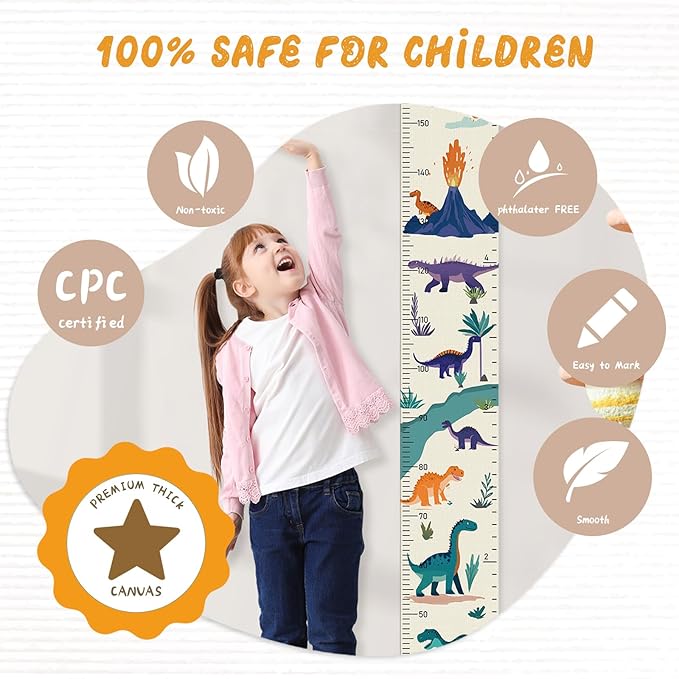 Personalized Canvas Height Chart for Kids, Height Measurement for Wall, Growth Chart with Name (Dinosaurs)