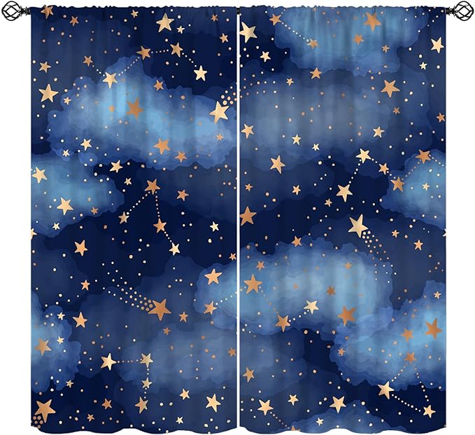 Starry Sky Blackout Curtains, Starry Scenery Blue Night Sky Stars Window Drapes for Kids Boys Girls Bedroom Living Room 72" W X 63" L