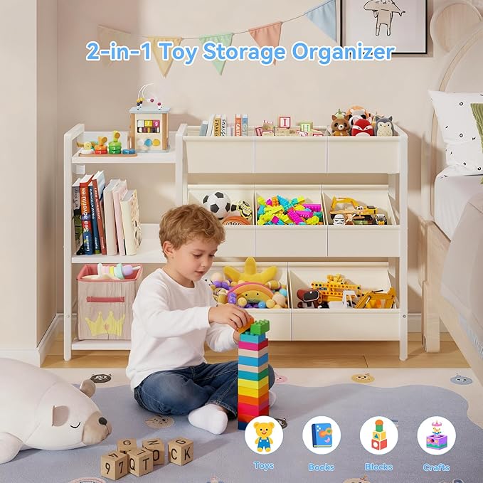 B7 Toy Storage Organizer with 3-Tier Wooden Shelves and 8 Bins, Toy Chest Storage, Toy Shelf Organizer, Kids Bookshelf and Toy Storage for Kids Room, Bedroom, Playroom, Nursery, White
