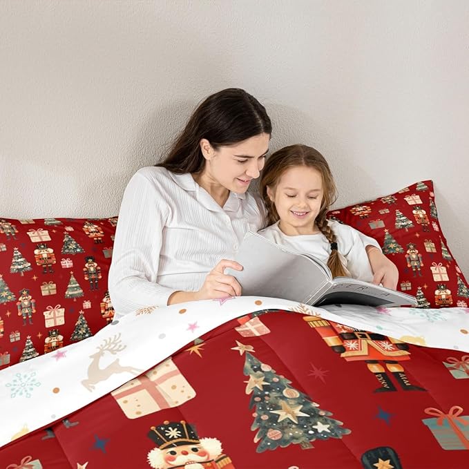 jejeloiu Xmas Nutcracker Comforter Set Queen Size Christmas Red Bedding Set for Kids Boys Girls Cute Snowflakes Duvet Quilt Bedroom Decor