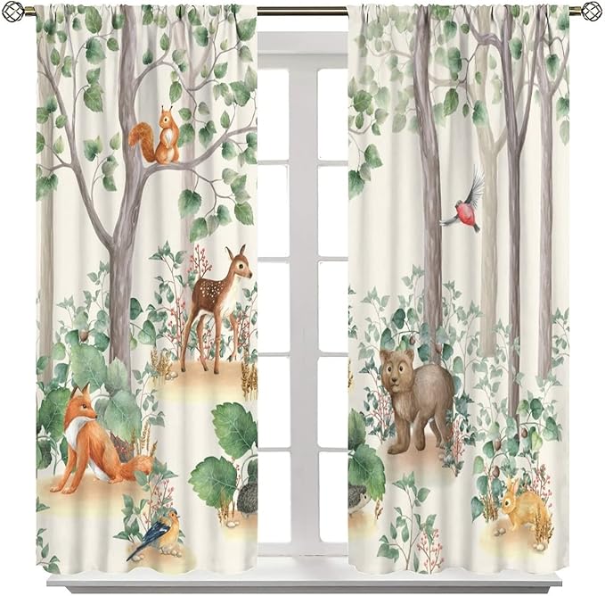 Forest Animal Curtains,Fox Elk Bird Animal Watercolor Woodland Print Curtains Kids Nursery Bedroom Living Room Home Decoration 42x63in