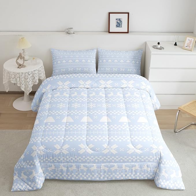 Feelyou Christmas Bedding Set for Kids Boys Girls King Size Xmas Deer Decor Comforter Set Ultra Soft Xmas Snowflake Comforter Winter Duvet Quilt Bedroom Decor Christmas Decorations Quilt