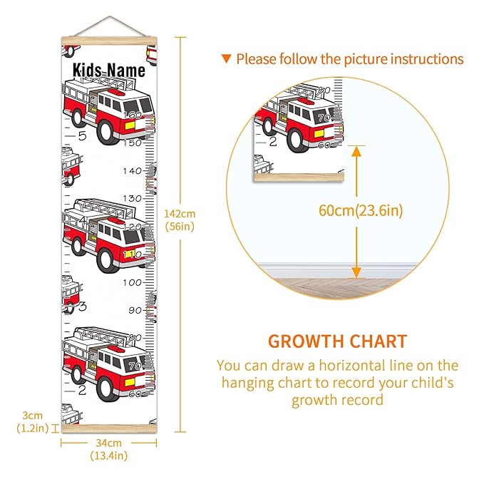 Personalized Kids Name Growth Chart Ruler for Wall Wood Frame Height Measure Chart 13.4x56 in Linen Hanging Height Growth Chart Fire Truck Kids Room Decor