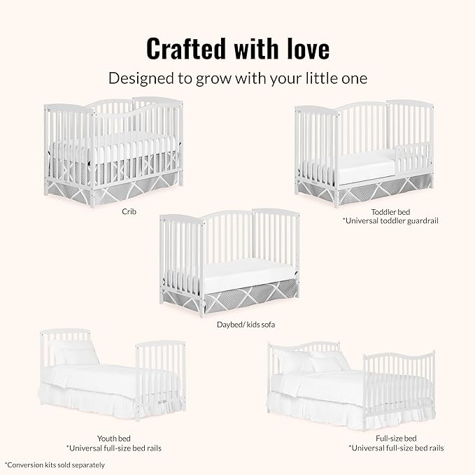Dream On Me Chelsea 5-in-1 Convertible Full-Size Baby Crib in White, GreenGuard Gold & JPMA, Pinewood, 4 Mattress Heights, Converts to Toddler, Day & Full-Size Bed, Modern Classic Nursery