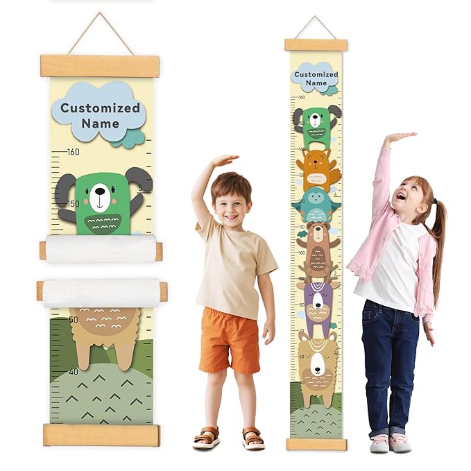 Personalized Name Growth Chart Wall Decor for Kids – Canvas Removable Height Chart Measuring Ruler 59" x 7.9" (Painted Animals)